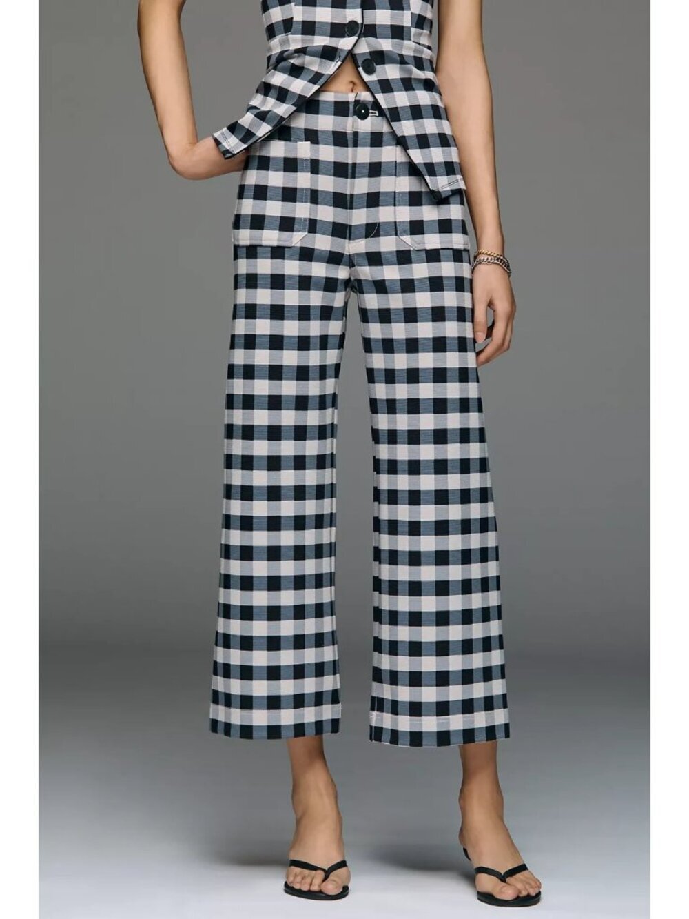 Anthropologie Colette Printed Crop Wide-Leg Trousers Black White Gingham 28